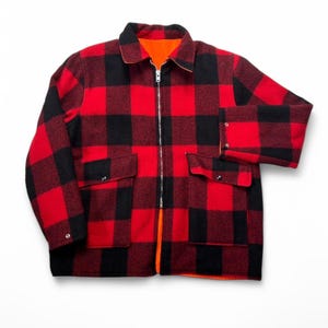 Woolrich jaren 70 wollen buffelleer geruite mackinaw omkeerbaar oranje blaze jachtjack