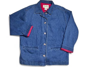 Casaco de flanela jeans vintage Eddie Bauer anos 90, estilo celeiro, feminino, tamanho grande.