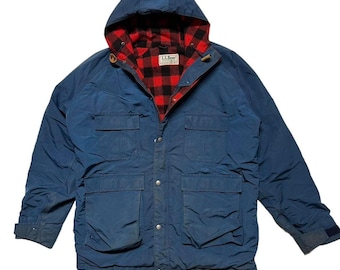 L.L. Bean Baxter State Parka VTG 90s Wool Buffalo Plaid Lined Blue Jacket Large