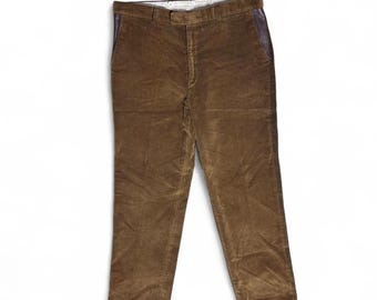 Orvis Made England Corduroy Brown Flat Front Trousers Leather Accent Pants 38”