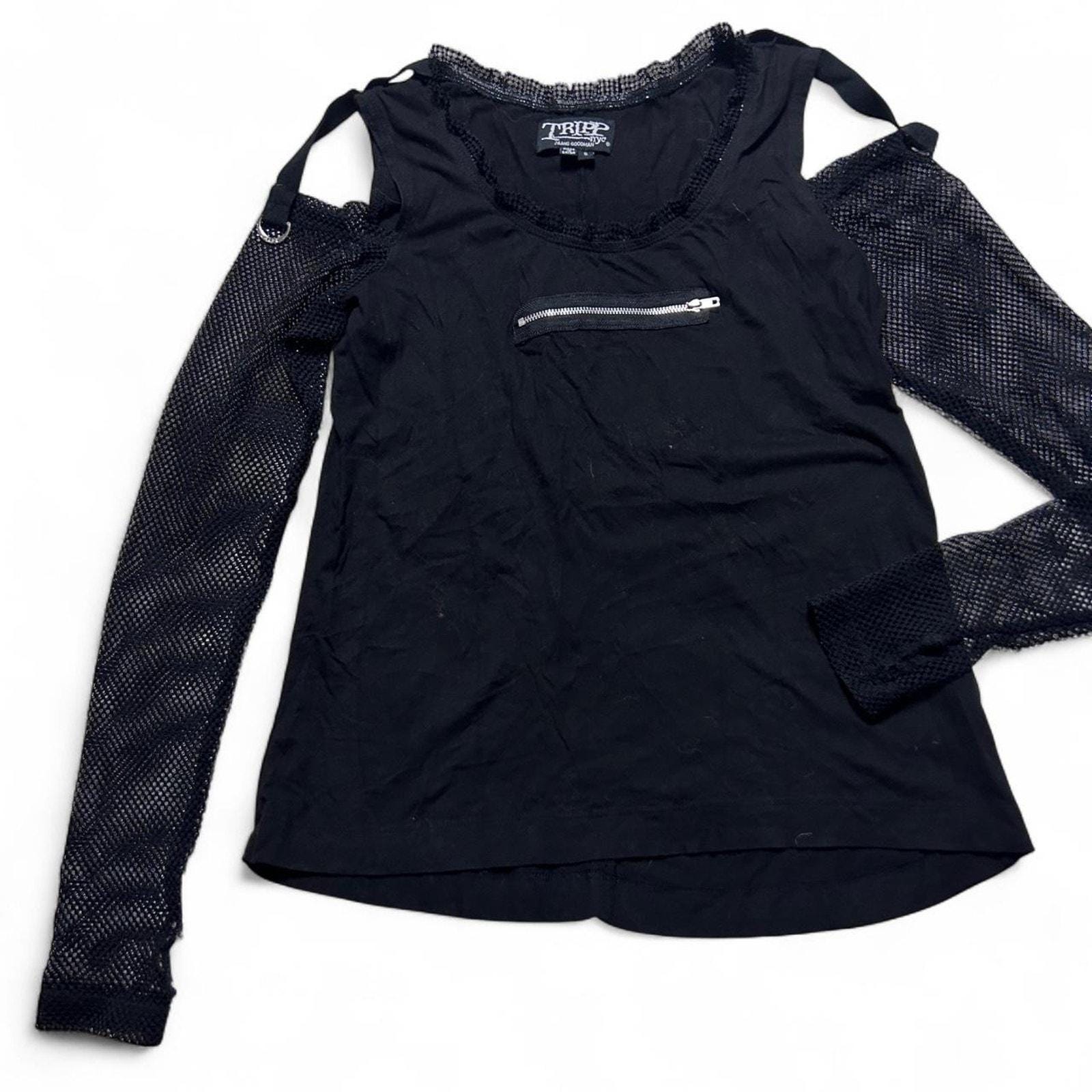 Tripp NYC Black Fishnet Sleeve Zipper Top Blouse Y2K Vintage Goth 