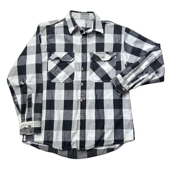 True VTG 1940s 50s Black White Plaid Sanforized Flannel Cotton