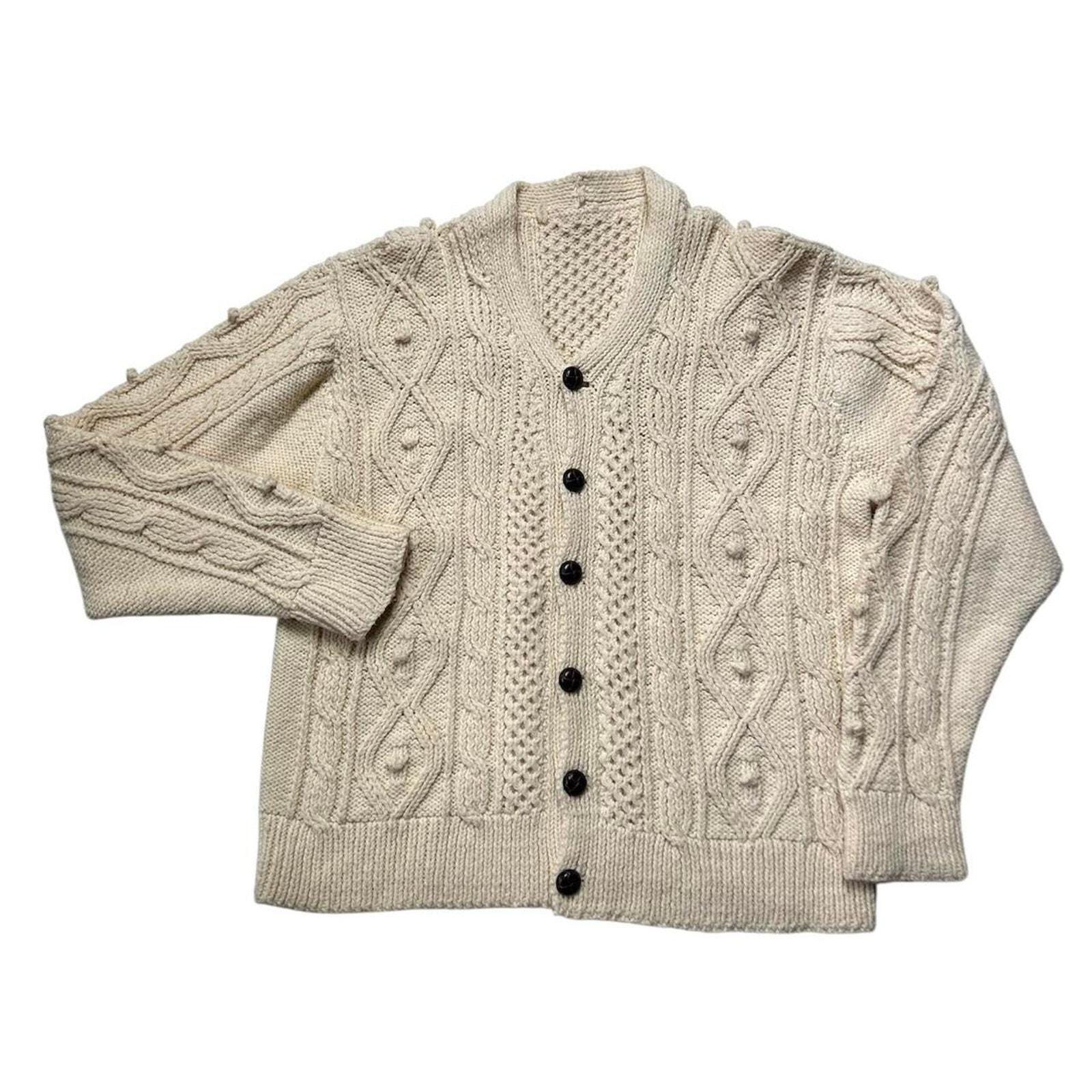 Cardigan Old England Irlandais – Pure Laine – Taille XL – Couleur Crème – Vintage