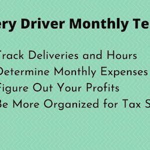 Pode incluir: Um fundo verde com um título branco "Modelo Mensal para Entregadores". Quatro marcadores listam os benefícios de usar um modelo mensal: rastrear entregas e horas, determinar as despesas mensais, calcular os lucros e estar mais organizado para a época de impostos. Duas ilustrações de entregadores são mostradas à direita e à esquerda da imagem.