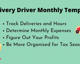 May include: A green background with a white title "Delivery Driver Monthly Template".  Four bullet points list the benefits of using a monthly template: track deliveries and hours, determine monthly expenses, figure out your profits, and be more organized for tax season.  Two illustrations of delivery drivers are shown on the right and left sides of the image.