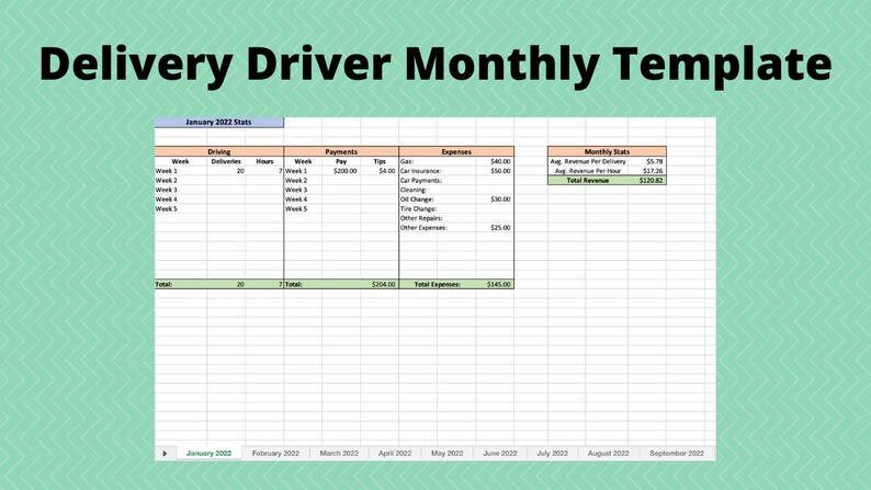 Delivery Driver Monthly Excel Template uber Eats Doordash | Etsy