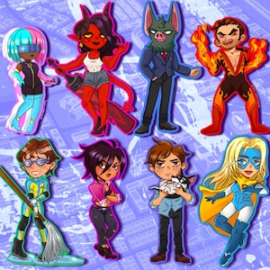 May include: A collection of eight cartoon character stickers featuring diverse figures including a blue-haired person, a red demon with a sword, a pig-headed person in a suit, a fire-wielding character, a person with a mop, a person with crossed arms, a person holding a dog, and a superhero.