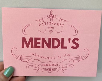 Grand Budapest hotel inspired Mendl’s patisserie postcard print, Wes Anderson, Father’s Day