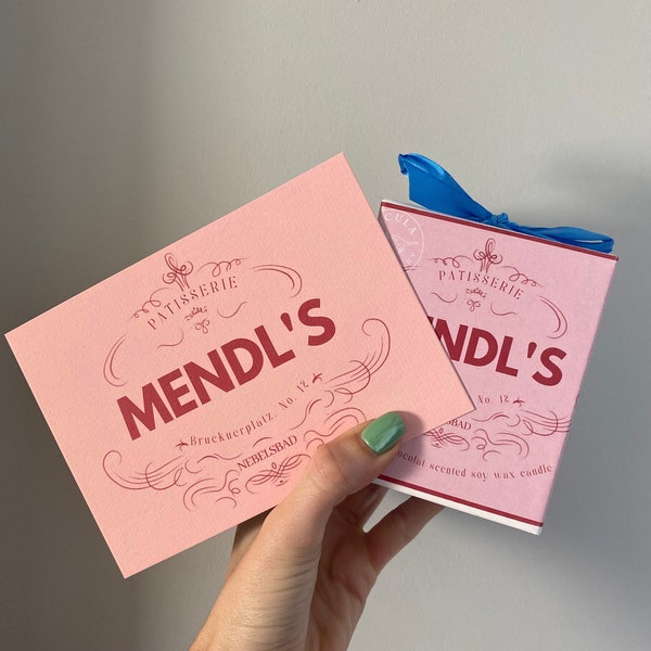 Grand Budapest hotel inspired gift, Mendl’s patisserie candle with print