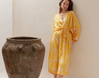 Hand Tie-Dyed Kimono Yellow - Summer Kimono, Travel Kimono, Beach Kimono, Boheme Robes, Robes for women, Relax fit kimono, Gift for her