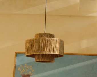 Raffia Double Drum Chandelier Light - Home light pendants, Kitchen hanging light pendant, Drum hanging pendants, Fall Home Gifts (PRE-ORDER)