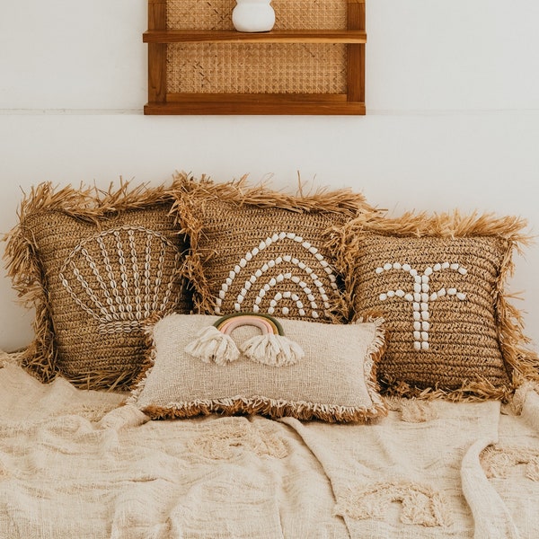 Raffia and Shells Pillow Cover and Insert - Clam Shell / Palm Tree / Rainbow