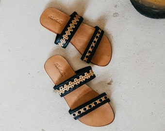 Milani Cane and Leather Slide Sandals