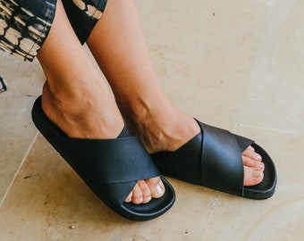 Arianna Cross Strap Leather Slide Sandals in Black - Summer sandal, Beach sandal, Casual sandal, Gift for her, Leather sandal, Travel sandal