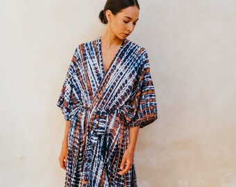 Lindy Hand Dyed Kimono in Blue - Sleeping wear, Lounge wear, Blue kimono, Gift for her, Long Tie dye kimono, Summer kimono, Vacation kimono