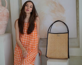 Orange Gingham Summer Maxi Dress - 100% Cotton Sleeveless Beach Dress Orange Gingham Summer Maxi Dress - 100% Cotton Sleeveless Beach Dress
