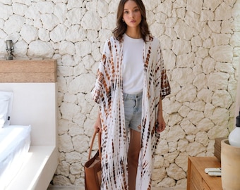 Sara Hand Dyed Kimono in White/Brown - Summer Kimono, Relax fit kimono, Long kimono, Honeymoon lounge wear, Gift for wife, Boheme Robes