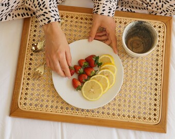 Ella Cane and Teakwood Decorative Tray - Bedroom Organize Tray, Living Room Tray, Serving Tray, coffee tray