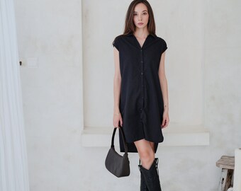 Jenny Linen Cotton Travel Shirt Dress in Black - Summer dresses, Beach dresses, Work dresses, Vacation dresses, Travel dresses