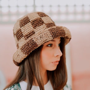 Millie Handwoven Raffia Straw Hat Brown Checkered and Beige Checkered Summer hats, Beach hats, Vacation hats, Travel hats Brown Checkered
