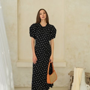 Puffy Sleeves Polka Dots Maxi Dress Black - Statement dresses, Casual dresses, Gift for her, Party dresses, Maxi dresses