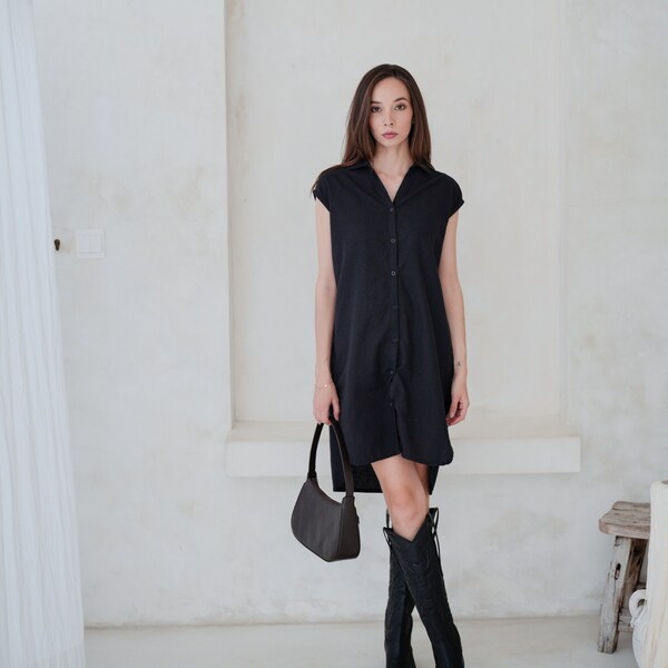 Jenny Linen Cotton Travel Shirt Dress in Black - Summer dresses, Beach dresses, Work dresses, Vacation dresses, Travel dresses