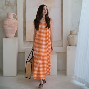 Summer Dress in Gingham Orange - Beach dresses, Casual dress, Vacation dresses, Summer clothing, Maxi dresses, Travel dresses