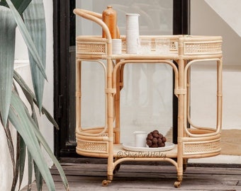 The Glendora Rattan Bar Cart with Wheels - Indoor bar cart, Housewarming gifts, Unique bar cart, Outdoor bar cart (Local Delivery Only)