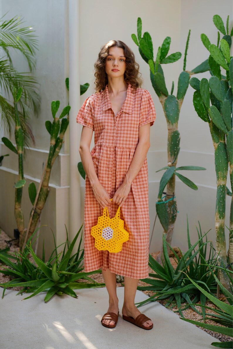 Emery Crinkle Gingham Midi Dress in Persimmon Summer dresses, Vintage dresses, Casual dresses, Midi dresses, Gingham dresses, Gift for her image 2