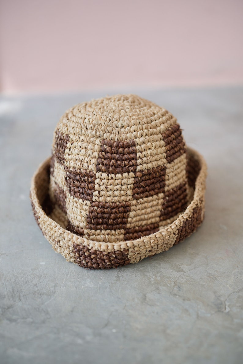 Millie Handwoven Raffia Straw Hat Brown Checkered and Beige Checkered Summer hats, Beach hats, Vacation hats, Travel hats image 5