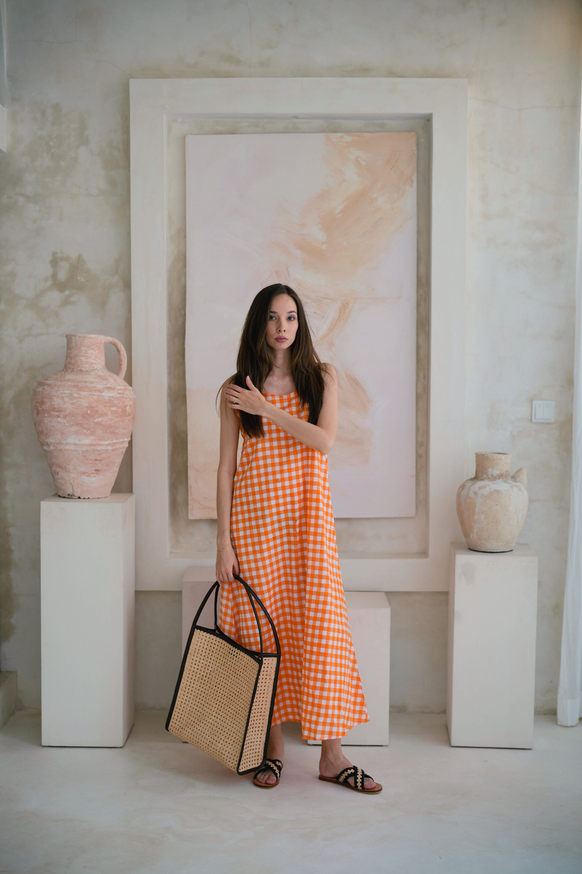 Orange Gingham Summer Maxi Dress - 100% Cotton Sleeveless Beach Dress Orange Gingham Summer Maxi Dress - 100% Cotton Sleeveless Beach Dress