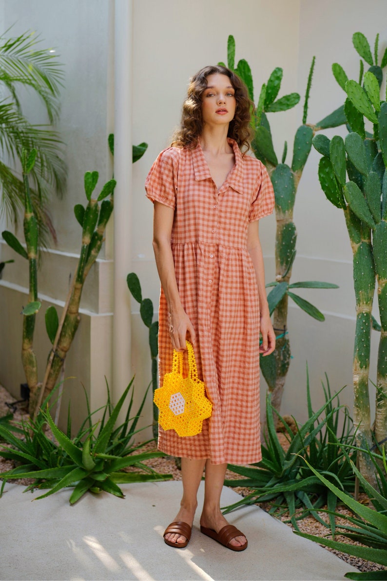 Emery Crinkle Gingham Midi Dress in Persimmon Summer dresses, Vintage dresses, Casual dresses, Midi dresses, Gingham dresses, Gift for her image 1