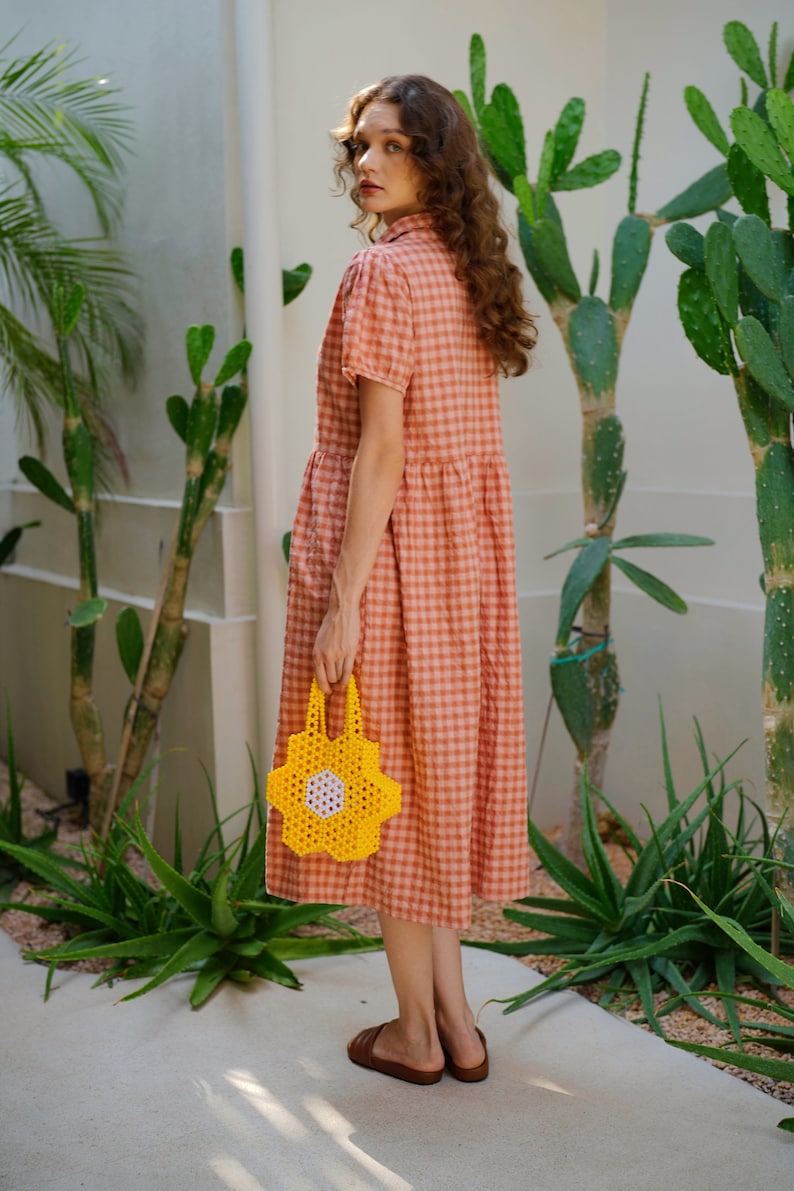 Emery Crinkle Gingham Midi Dress in Persimmon Summer dresses, Vintage dresses, Casual dresses, Midi dresses, Gingham dresses, Gift for her image 3