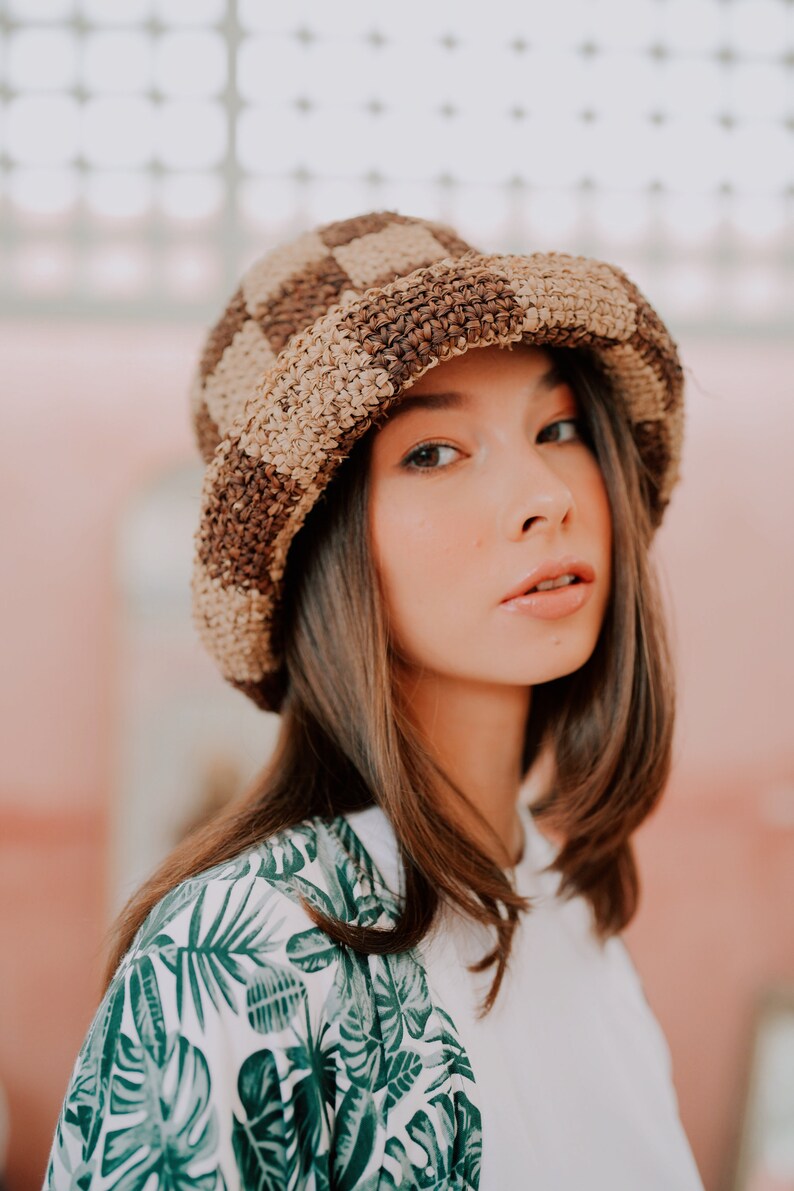 Millie Handwoven Raffia Straw Hat Brown Checkered and Beige Checkered Summer hats, Beach hats, Vacation hats, Travel hats image 3