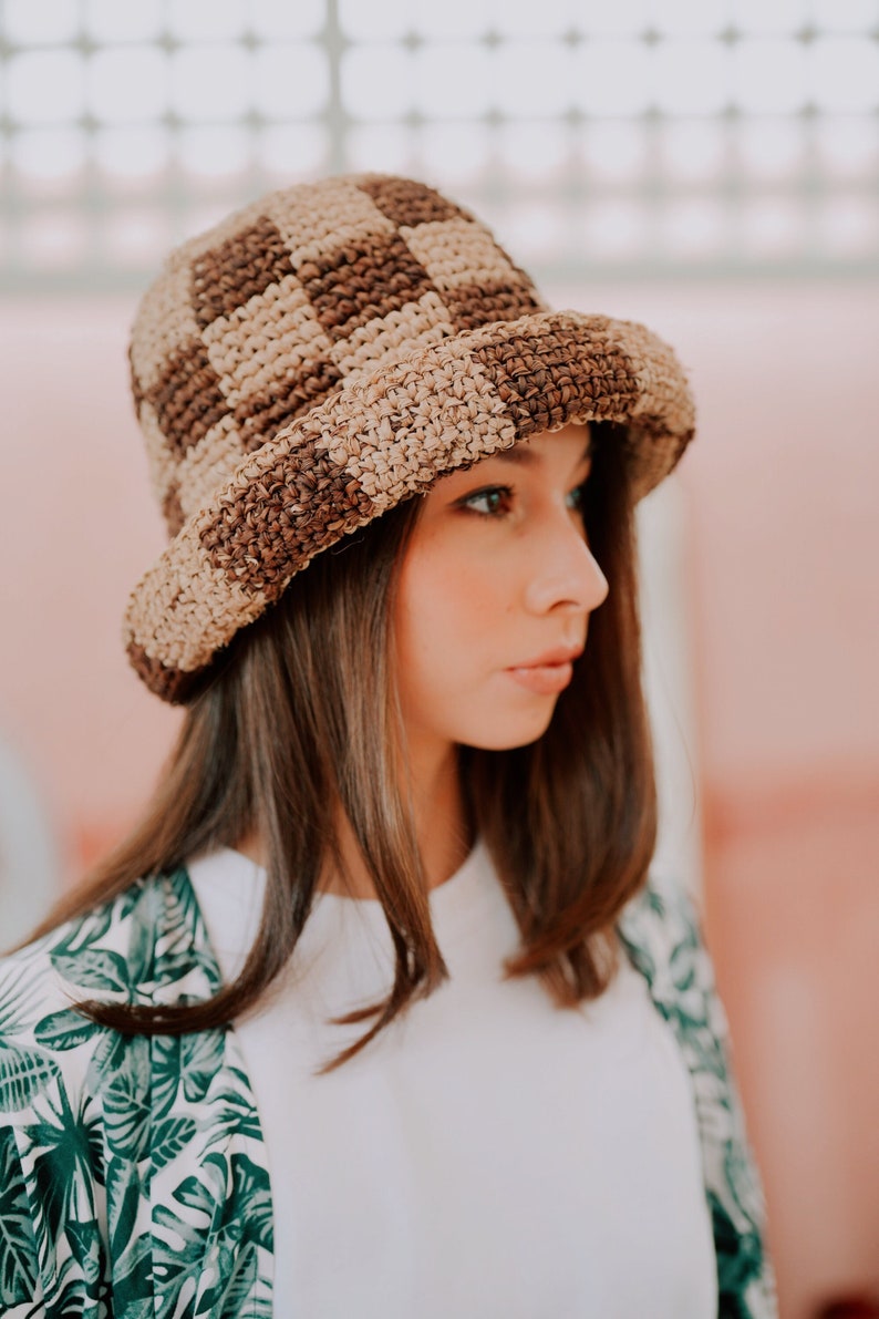 Millie Handwoven Raffia Straw Hat Brown Checkered and Beige Checkered Summer hats, Beach hats, Vacation hats, Travel hats Brown Checkered