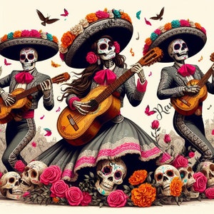 Camisetas gráficas del musical Mariachi del Día de los Muertos, Duelo de Halloween + 4 imágenes únicas