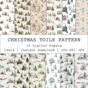 May include: A collection of 12 digital Christmas Toile patterns in various designs. The patterns feature winter scenes with houses, trees, and deer in shades of red, green, and white. The text "CHRISTMAS TOILE PATTERN" is displayed.