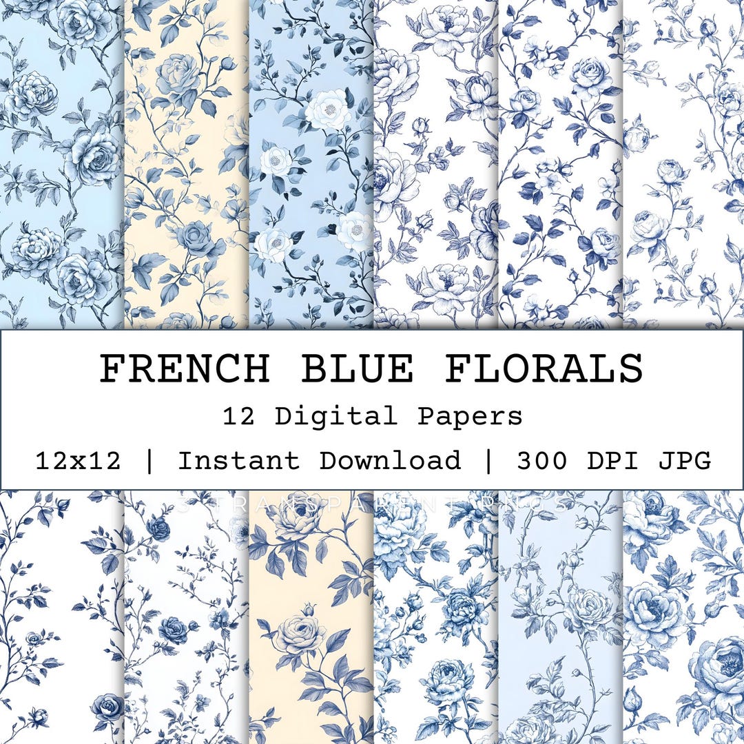 French Blue Toile De Jouy Digital Paper, Seamless Florals Pattern, Blue ...