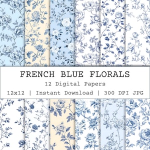 French Blue Toile De Jouy Digital Paper, Seamless Florals Pattern, Blue and White Chinoiserie Background, Shabby Chic Junk Journal Wallpaper