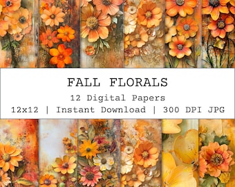 Yellow and Orange Floral Scrapbook Paper, Autumn Themed Printable Paper, Rustic Craft Paper, Aged Junk Journal Pages, Fall Flowers Papers
