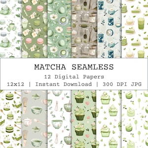 May include: A set of 12 digital papers with matcha-themed patterns. Designs include matcha drinks, desserts, and kitchen utensils in green, white, and beige. The image text says "Matcha Seamless" and "12 Digital Papers".