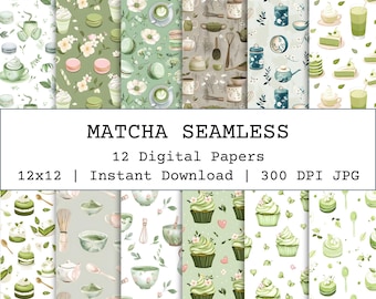 Matcha Seamless Pattern Bundle, Matcha Dessert Seamless, Matcha Latte & Ice Cream Digital Paper Scrapbooking, Crafts, Wallpaper, Wrapper