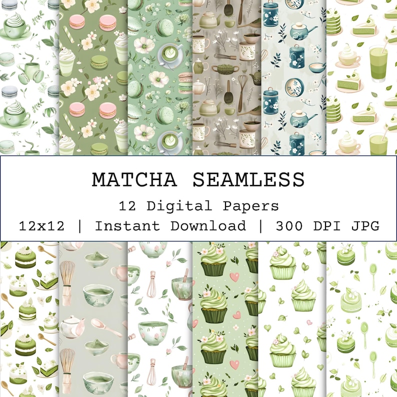 Matcha Design Pattern Matcha Seamless Pattern Bundle, Matcha Dessert Seamless, Matcha Latte ...