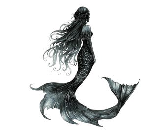 Dark Mermaid Clipart, Gothic Watercolor PNG (Digital Download)