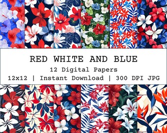Red White Blue Tropical Floral Seamless Pattern, Vibrant Flowers Digital Paper for Scrapbooking, Crafts, Wallpapers, Fabric Instant Download