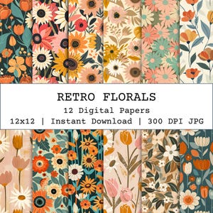 Papier numérique floral rétro, motifs groovy sans couture, arrière-plans de style années 70, papier peint de journal indésirable fleurs rétro, papier floral orange brûlé