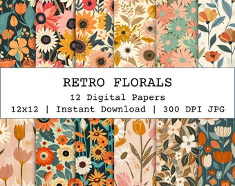 Retro Floral Digital Paper, Groovy Seamless Patterns, 70s Style Backgrounds, Retro Flowers Junk Journal Wallpaper, Burnt Orange Floral Paper