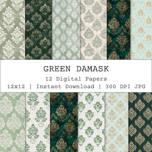 Green Distressed Damask Seamless Pattern, Vintage Sage and Emerald Scrapbook Paper, Ornate Victorian Backgrounds for Junk Journals