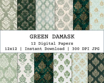 Green Distressed Damask Seamless Pattern, Vintage Sage and Emerald Scrapbook Paper, Ornate Victorian Backgrounds for Junk Journals