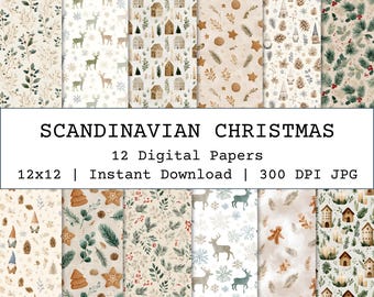 Scandinavian Christmas Seamless Pattern Set, Watercolor Neutral Nordic Holiday Digital Paper Bundle